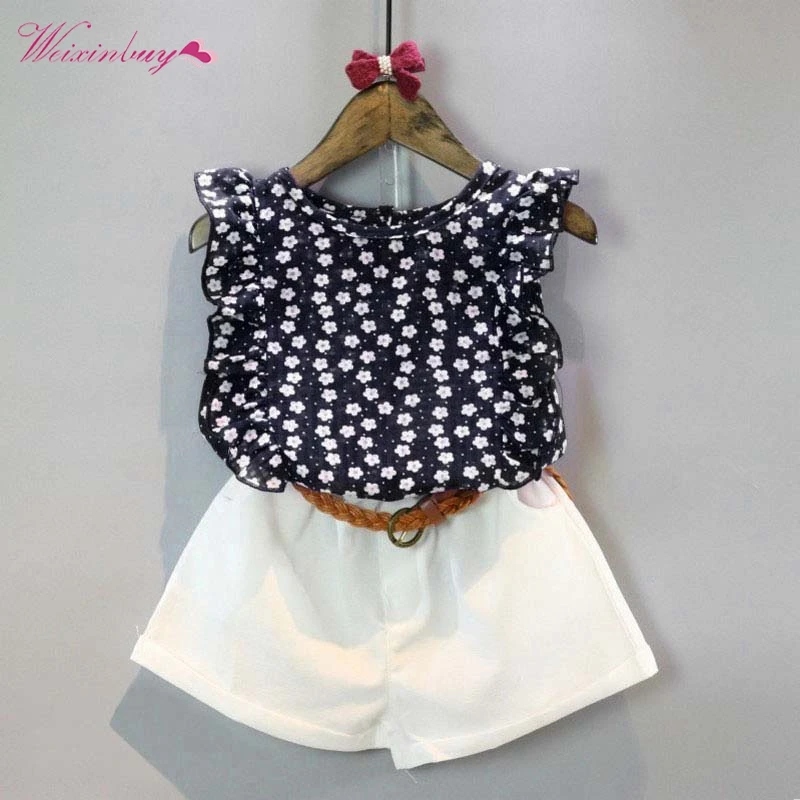 

Summer Toddler Kids Baby Girls Clothes Sets Floral Chiffon Polka Dot Sleeveless T-shirt Tops + Shorts Outfits goods
