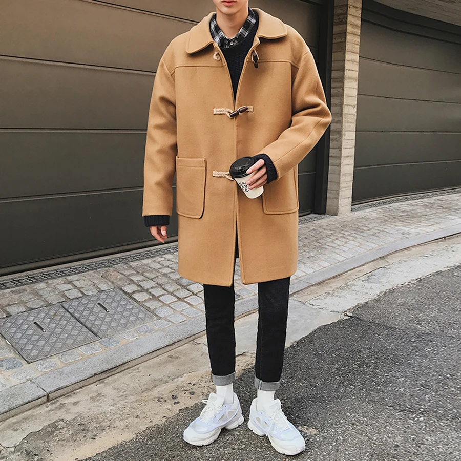 Мужское длинное пальто облегающее черное с воротником из смесовой шерсти в