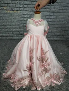 

2019 Beauty Pink Flower Girls Dresses For Wedding Party Short Sleeve Pearls Big Bow Back Princess Child Girls Pageant Gownslx