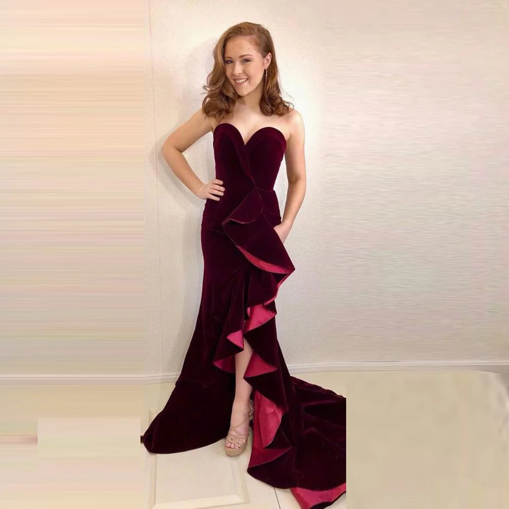 

Burgundy Pageant Dress Long vestido de festa longo Velvet Evening Gown robe de soiree Elegant Mermaid Prom Gowns Off Shoulder