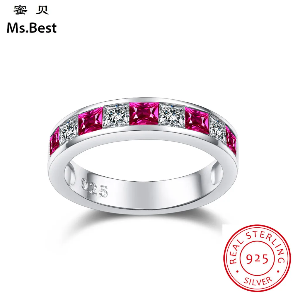 

Red Ruby Ring for women Wedding Band Sterling Silver 925 fine Jewelry Color Birthstone of July Princess Cut Promise Ring