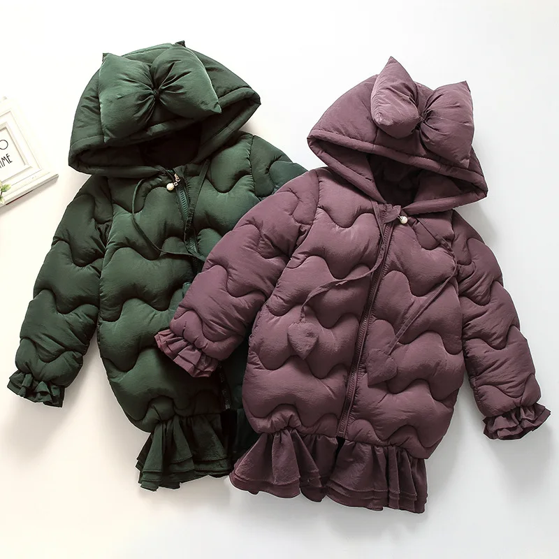 Winter Girls Outerwear Coats Long Sleeve Ruffle Bow Hooded Children