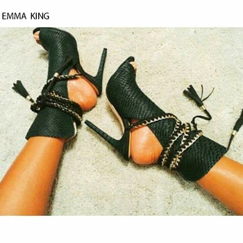 

New Botas Mujer Crossed-tied Ankle Boots For Women Fringed Pointed Toe Thin High Heels Summer Tassel Botines Ladies Short Shoes