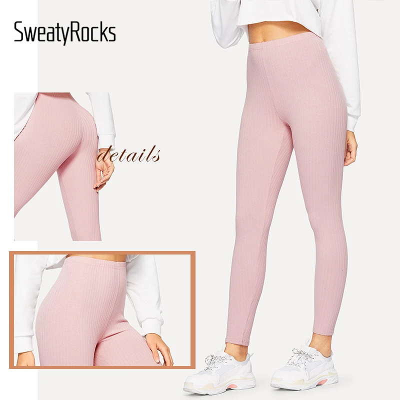 SweatyRocks, высокая талия, в рубчик, вязанные, одноцветные леггинсы, одежда для активного отдыха, розовые леггинсы,, летние женские леггинсы для активного отдыха