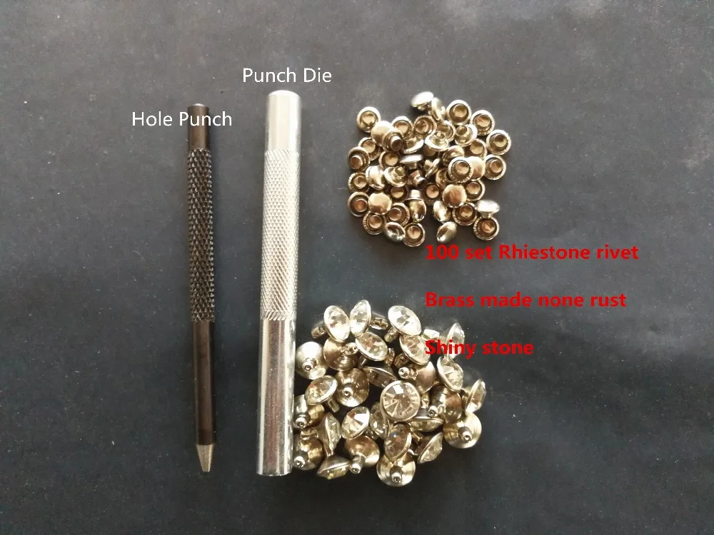 

100pcs/lot 6-9MM Rhinestone Rivets Jeans Bags Shoes Craft Decorative Spikes Studs Nails Accessories With Punch tool
