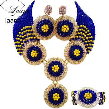 

Laanc Royal Blue and Yellow African Wedding Beads Nigerian Sets Necklace Earrings for Women NAL460