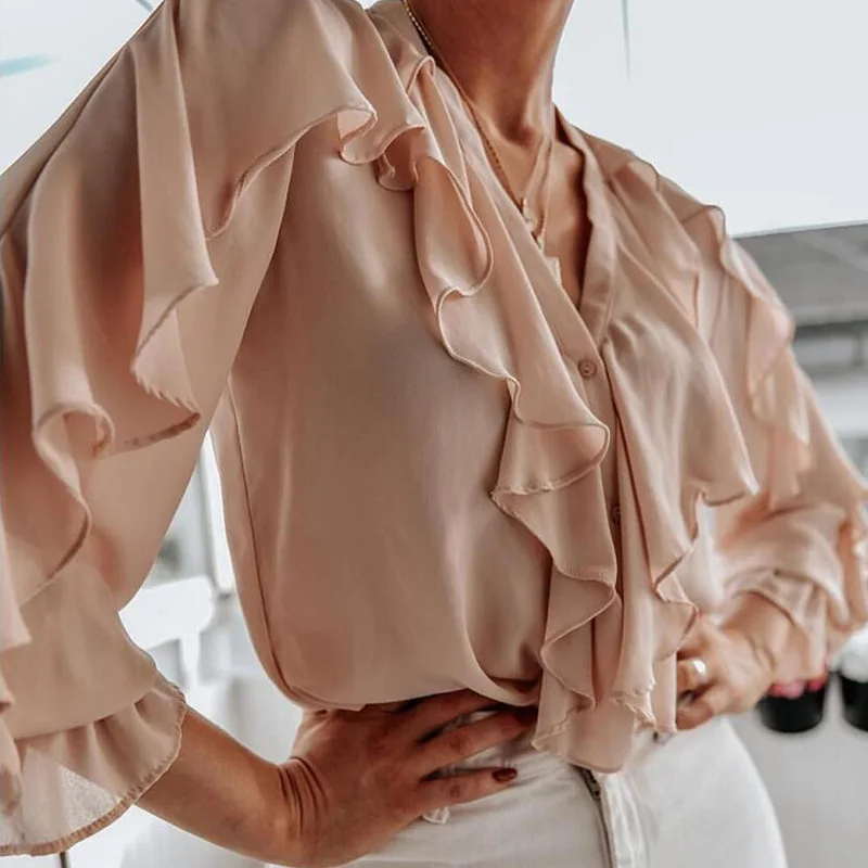 

Sexy long-sleeved casual Shirt blouse Women 2019 tops Summer Ruffled laminated shirt western bud silk gauze top Blouse shirt