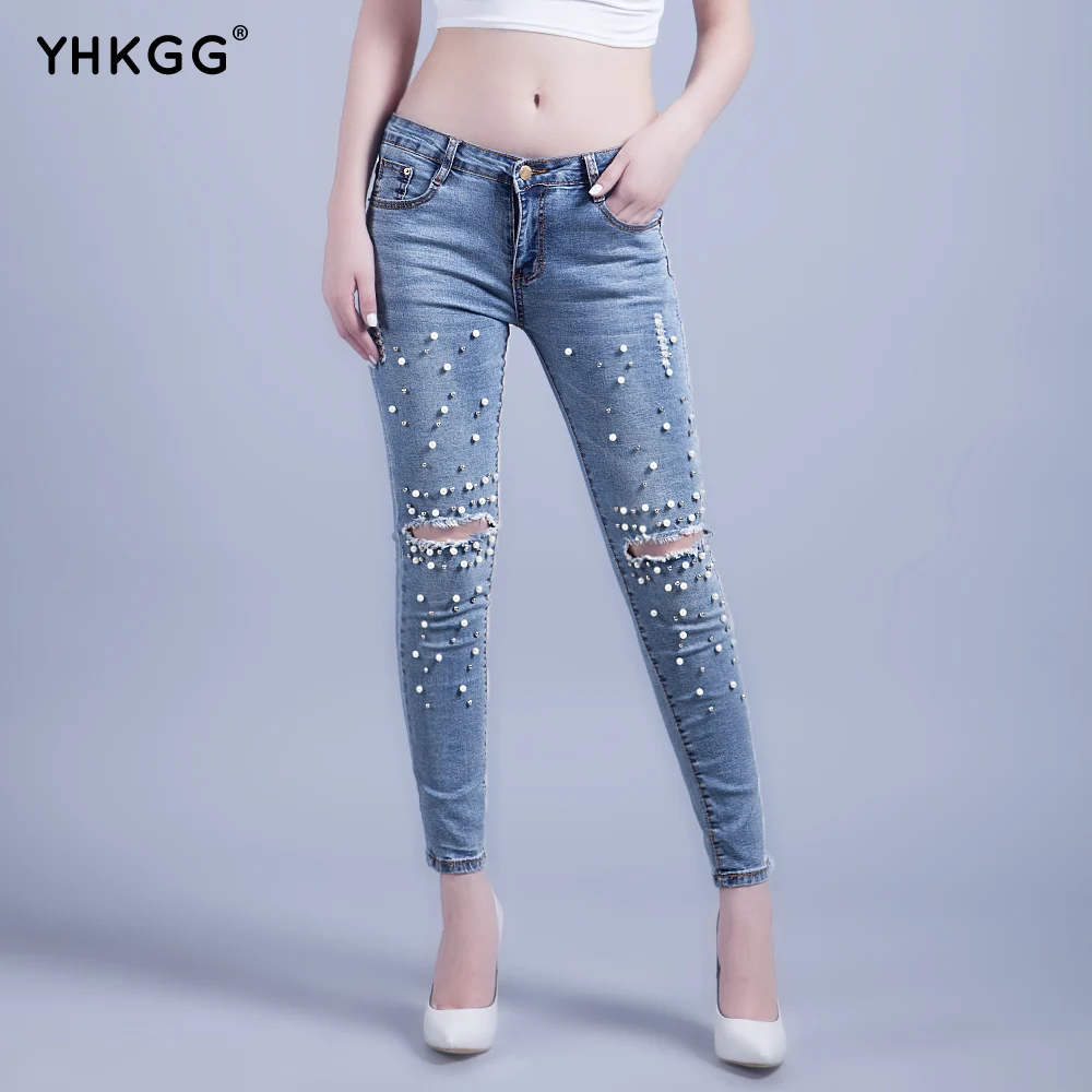 YHKGG 2018 Knee Hole Ripped Jeans Women Stretch Denim Pencil Pants