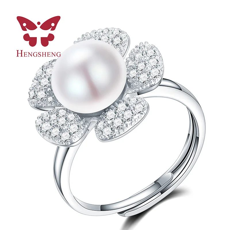 

HENGSHENG Sun Flower Wedding Bands Cultured Genuine Pearl Adjustable Rings for Women Jewelry Wedding Ring