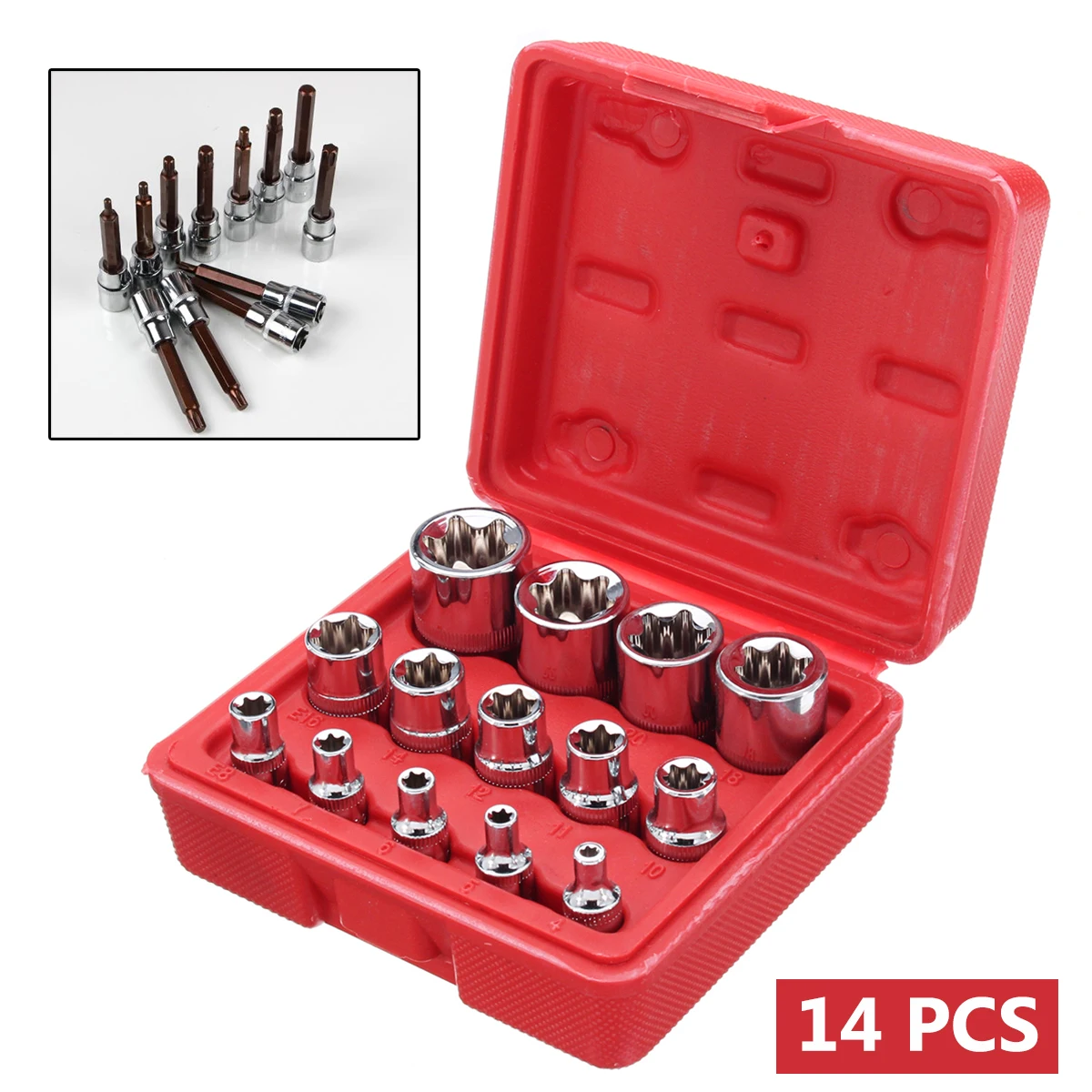

14pcs 1/4'' 3/8'' 1/2'' Durable Chrome Vanadium Driver Socket E Torx Star Bit Socket Sets Hand Tool Set with Box