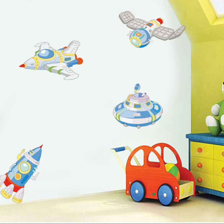 

Cartoon 3D Aircraft Rockets Spacecraft Wall Stickers For Kids Rooms Nursery Vinyl PVC Backdrop Wall Art Decals Mural Home Decor