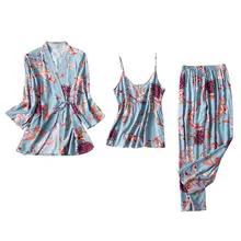 Комплект из 3 предметов Для женщин шелковая, сатиновая Пижама сексуальное с цветочным рисунком, кружевное нижнее белье, набор нижнего белья, сексуальное элегантное сексуальное нижнее белье Пижама Mujer 4EM