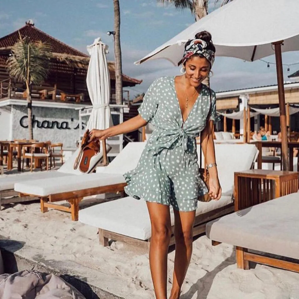

Polka dot Womens casual dress Loose Ruffled Short-sleeved V-neck Wave Point Sexy Slim elegant dresses 2019