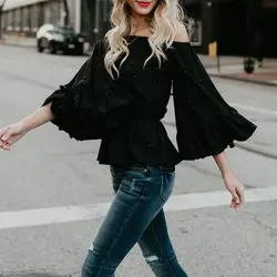 2018 Для женщин Мода Бисер топы и блузка Sexy с должны спинки с расклешенными рукавами черная рубашка уличная Blusas Mujer De Moda