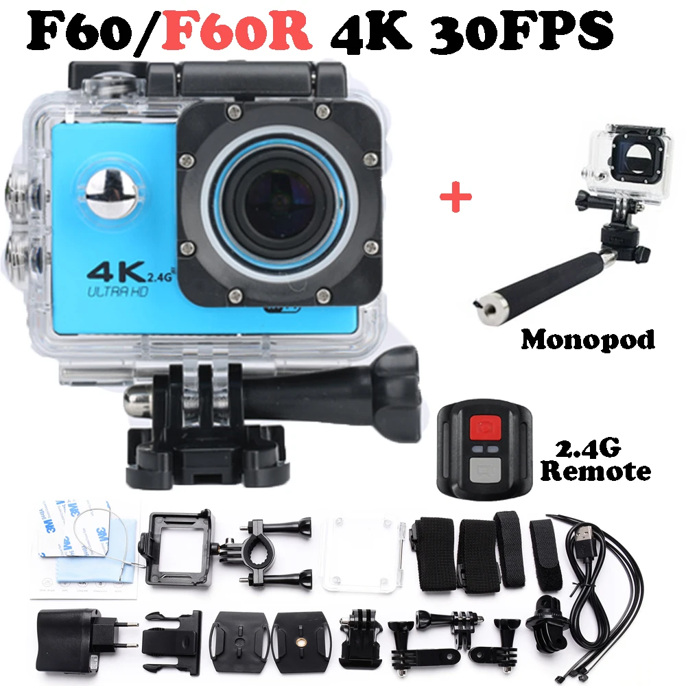 Go Pro style F60 / F60R Ultra HD 4K Action Camera Wifi 2.0" screen 170 Wide Lens Underwater waterproof Action cam Add Monopod