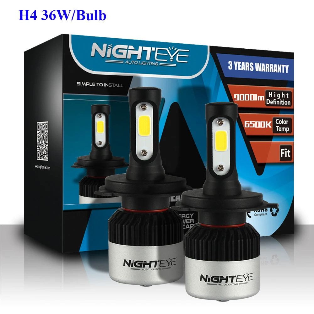 NIGHTEYE 2xH4 LED Hi/Lo Car Headlight Bulbs 72W Auto Bulbs White LED