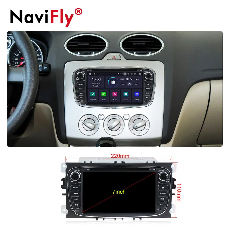 Perfect NaviFly 2Din Android9.0 IPS Screen+DSP Car dvd audio multimedia For Ford Focus2 MONDEO/C-MAX with OBD2 Bluetooth TPMS DAB+ 1