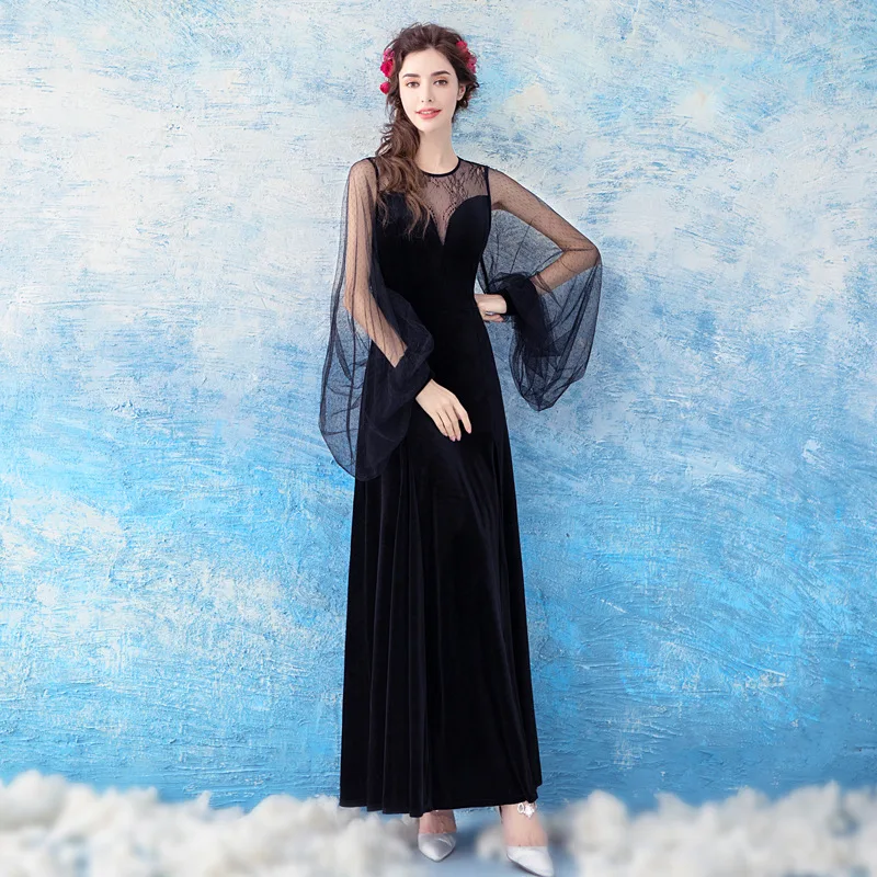 

2019 Black Long Evening Party Dress Tulle Deep V Neck Sexy Lantern sleeve Prom Gowns Droped Lace Floor Length Dress