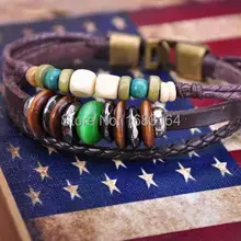 G57 бронза Мода зеленого дерева и каменные бусы кожаный жесткий Браслет-манжета Для Мужчин's