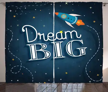 

Quote Kitchen Curtains Inspirational Typography with Dream Big Inscription Space Rocket and Galaxy Backdrop Window Decor