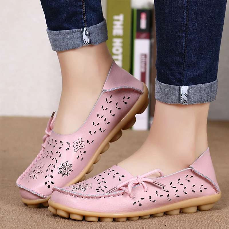 Big size 34-44 spring women flats shoes women genuine leather flats ladies shoes female cutout slip on ballet flat loafers