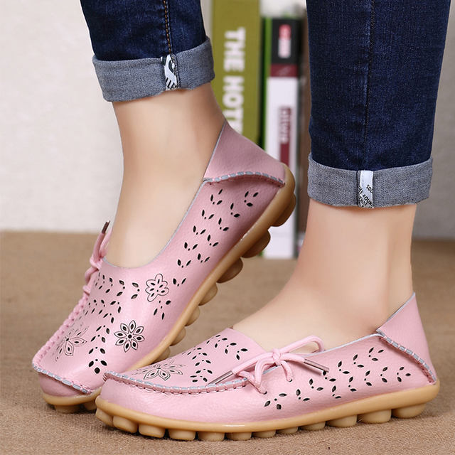 Big size 34-44 2018 spring women flats shoes women genuine leather flats ladies shoes female cutout slip on ballet flat loafers