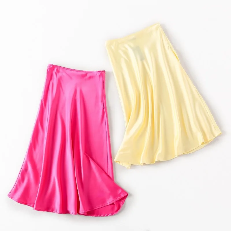 

Fashion yellow pink midi skirts womens Streetwear korean casual Boho high waist satin skirt casual pleated jupe femme 2019