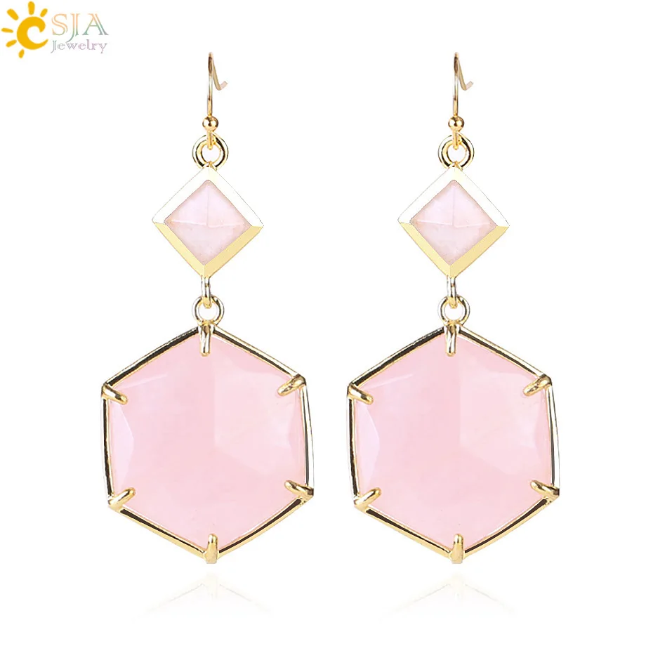

CSJA Women Drop Earrings Prong Setting Geometric Gems Jewelry Double Side Faceted Hexagon Natural Stone Labradorite Earring F409