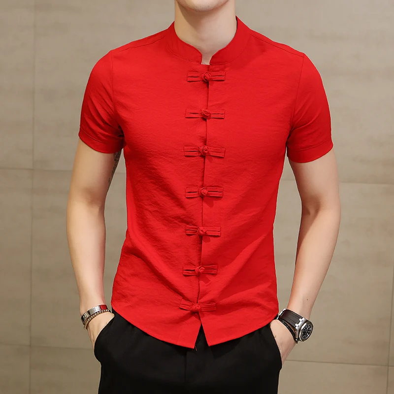 

Men's Shirts Summer Men's Chinese Wind Buttons Short Sleeve Shirts Hard Han Style Men's Fashion Solid Color Cotton Slim Shirt