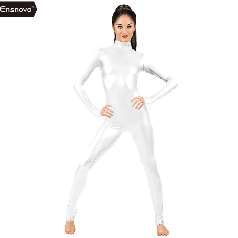 Женский костюм Ensnovo из лайкры, нейлона, черного блестящего металлического цвета, костюм зентай, водолазка, костюм для костюмированной вечеринки, костюм для девочек - Цвет: White