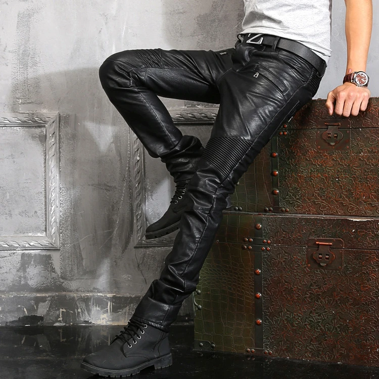 PU Leather Men's stylish Riding Jeans Biker slim pants 4