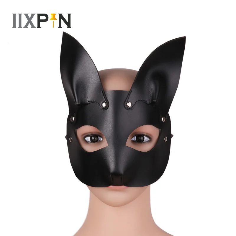 

Unisex Fox Masks PU Leather Rabbit Half Face Masks with Ears Blindfold Eye Cover Flirting Cosplay Costume Accessory for Adults