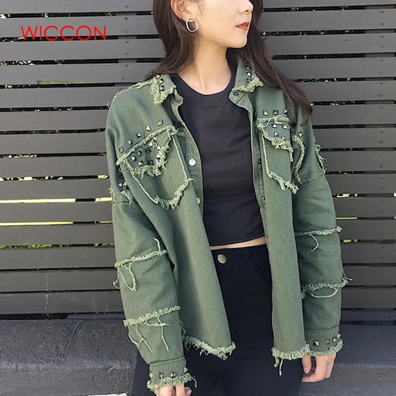 

Autumn Studded Frayed Women's Denim Jacket Long Sleeve Women's Jackets Large Size Outerwear Irregular Jeans Jacket Streetwear
