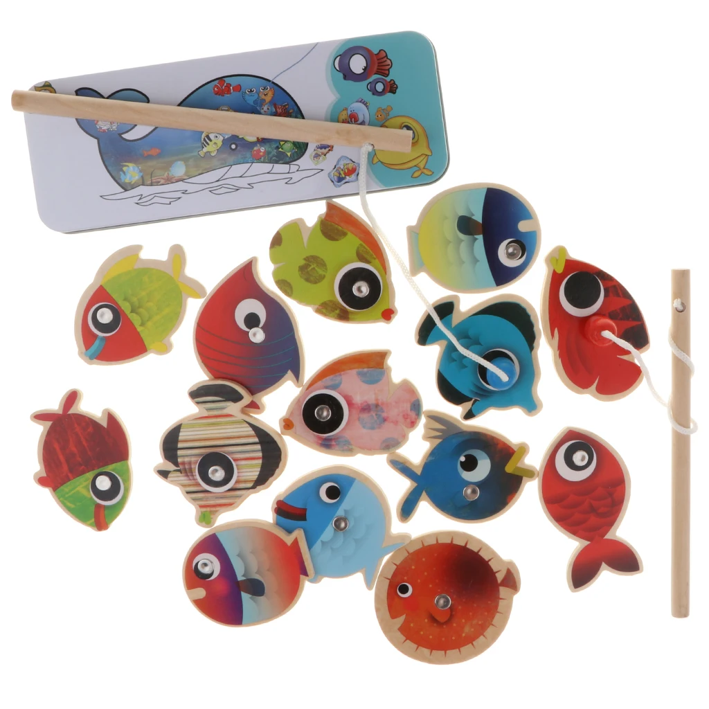 16pcs Fish Game Magnetic Fishing Pole Rod & Fish Marine Organisms Model Set Kid Pretend Play Toy Educational