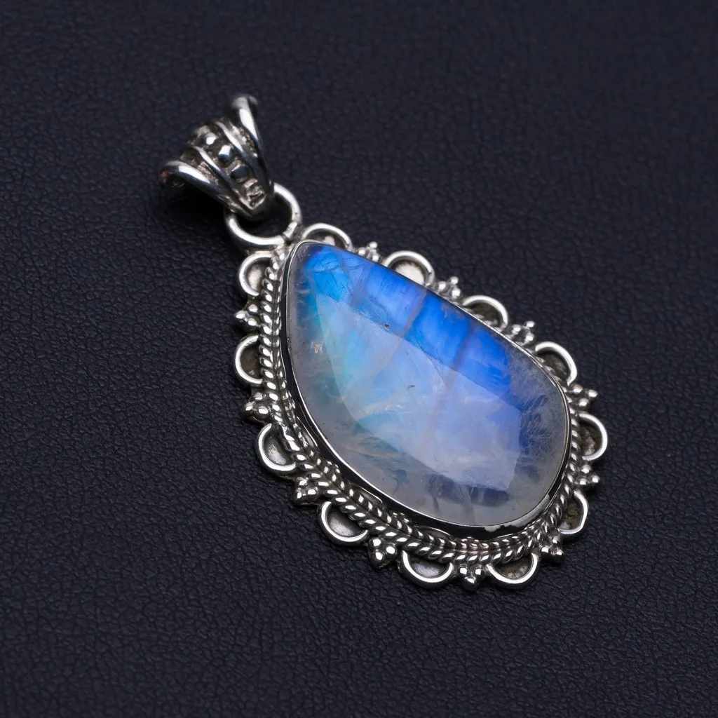 

Natural Rainbow Moonstone Punk Style 925 Sterling Silver Pendant 1 1/2" P0004