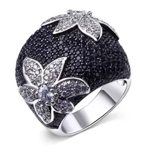 Большие цветочные кольца для женщин Свадебная яркая бижутерия для вечеринки Родий серебряный цвет черный прозрачный CZ Clear Mujer байкерские ювелирные изделия