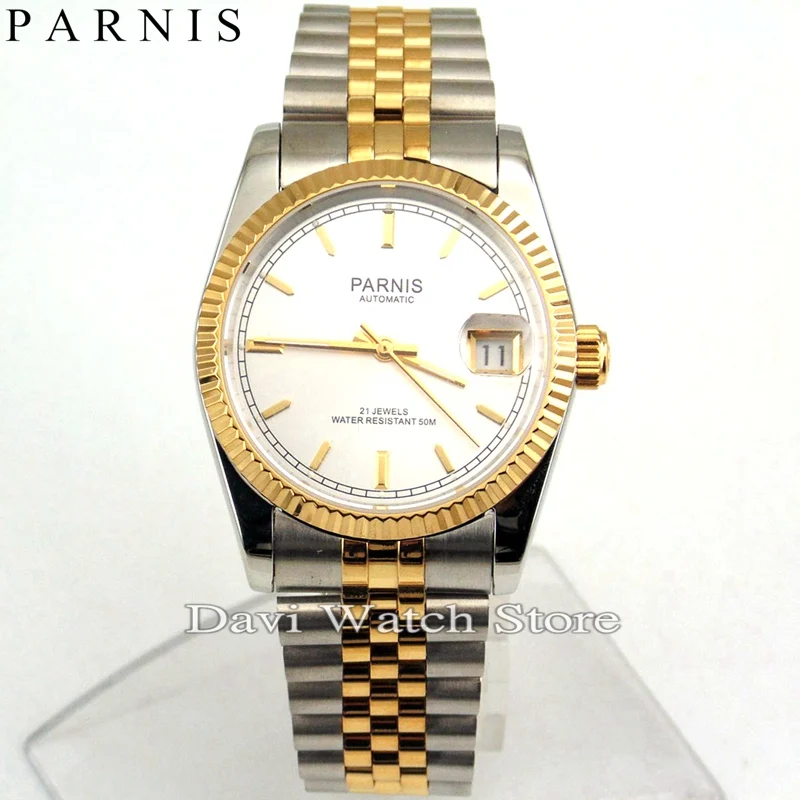 

parnis 36mm white dial stainless steel case miyota luminous marks automatic mens watch