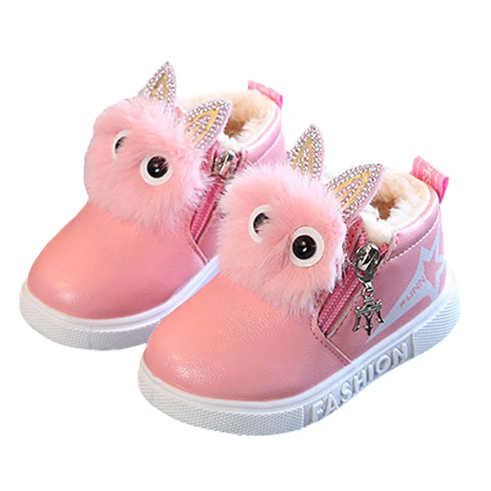 

New Girls Winter Shoes 2018 Rabbit Crystal Soft Kids Ankle Boots Warm Cotton Anti-slippery Rubber Short Boot Pink Children Shoes