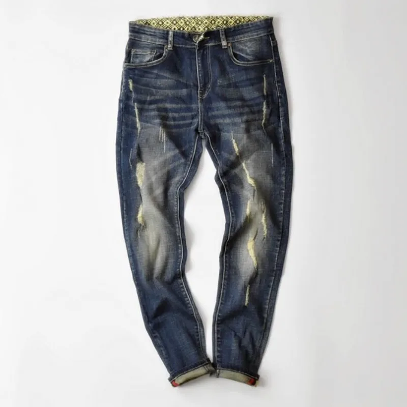 

New Hole Straight Destroyed Jeans Brand Casual Slim Ripped Jeans Homme Retro Men's Trousers Denim High Quality Cotton Jeans