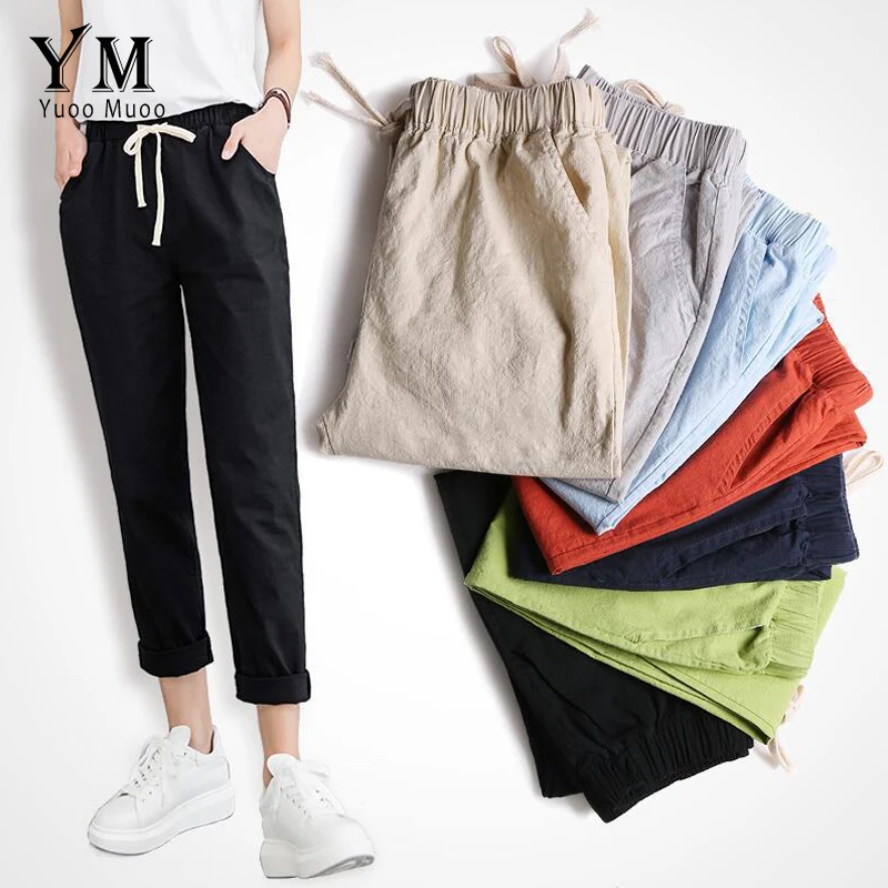 

YuooMuoo 2019 New Style Casual Women Mid Waist Trousers Women Cotton and Linen Summer Pants Streetwear Bottoms pantalon mujer