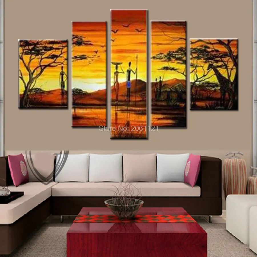 

hand-painted wall art africa life painting home decoration abstract Landscape oil painting on canvas 5pcs/set combination