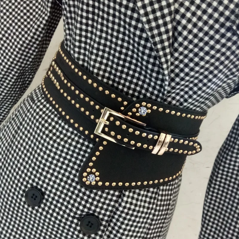 

Women black leather PU wide belt for dress luxury rivets pin buckles chic punk elastic waistband adjustable wide belt pink blue