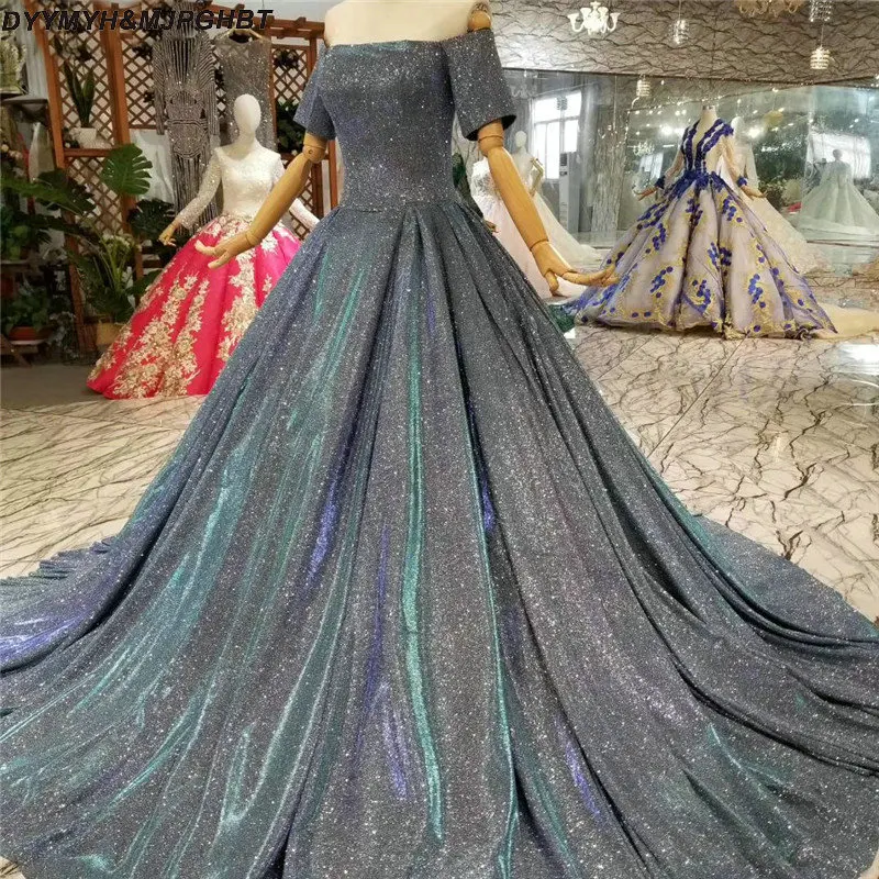 Grey Vintage Short Sleeves Evening Dresses 2018 Simple Sexy Off Shoulder Evening Gowns Real Photo2