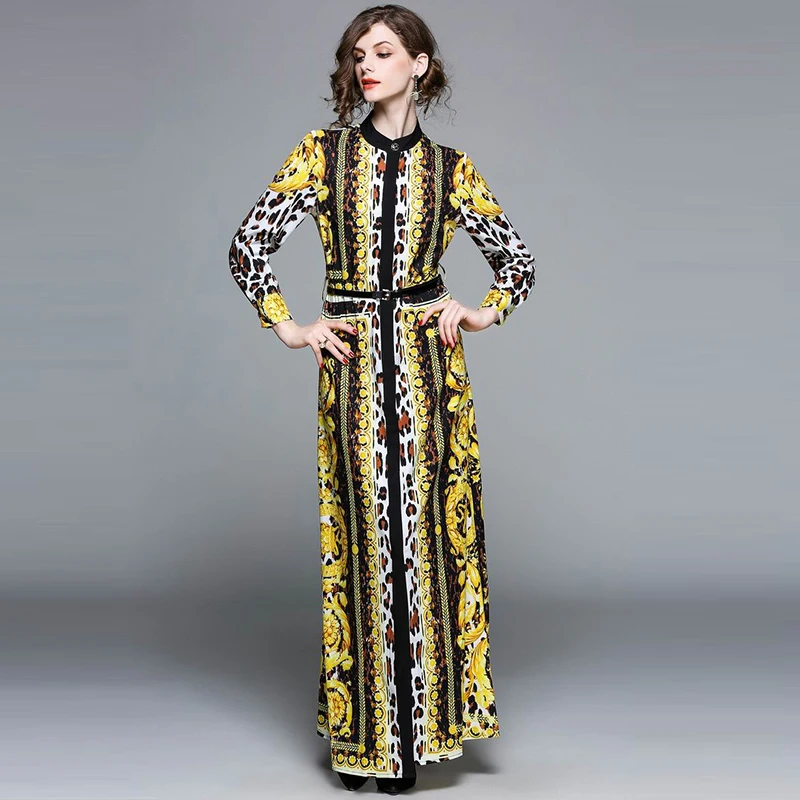 New 2018 Boho Women's Fall Runway Leopard Print Single Breasted Front Split Dress Stand Collar Long Sleeve Maxi With Belt | Женская