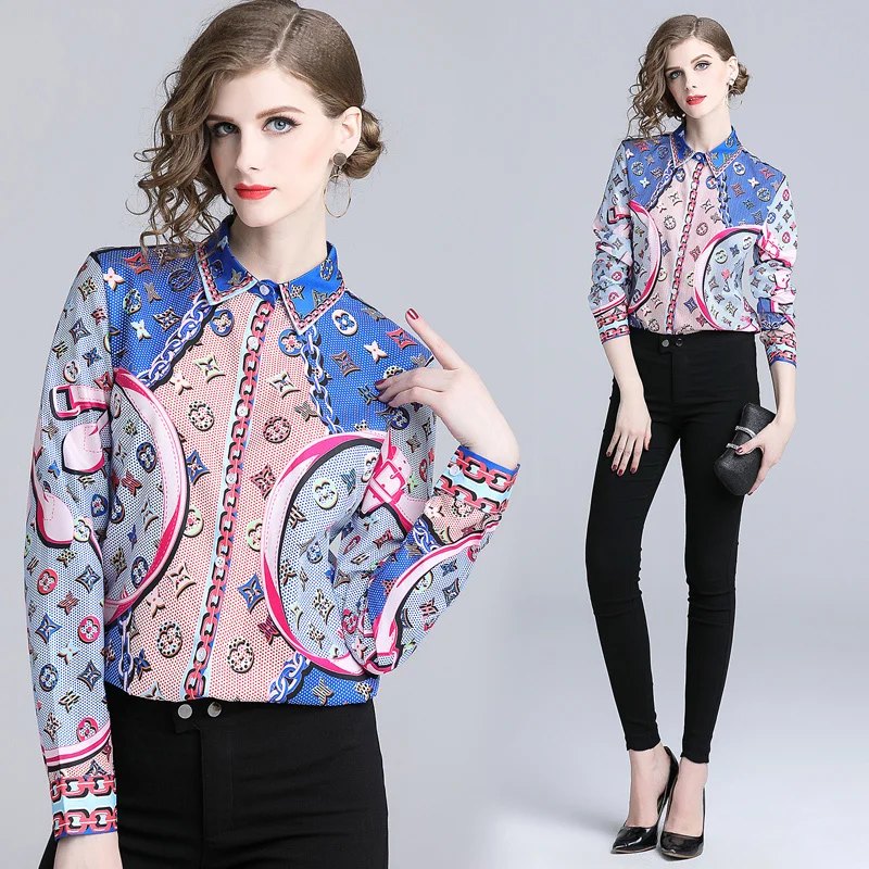 

2019 Spring Summer Fall Runway Vintage Floral Print Collar Long Sleeve OL Turn-Down Neck Womens Party Casual Top Shirts Blouse