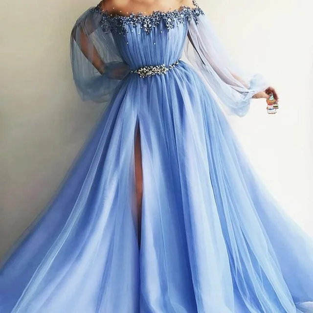 

Princess 2019 Dresses Elegant A Line Long Sleeves Formal Dress Beaded vestido longo 2018 Gown Ice Blue robe de soiree