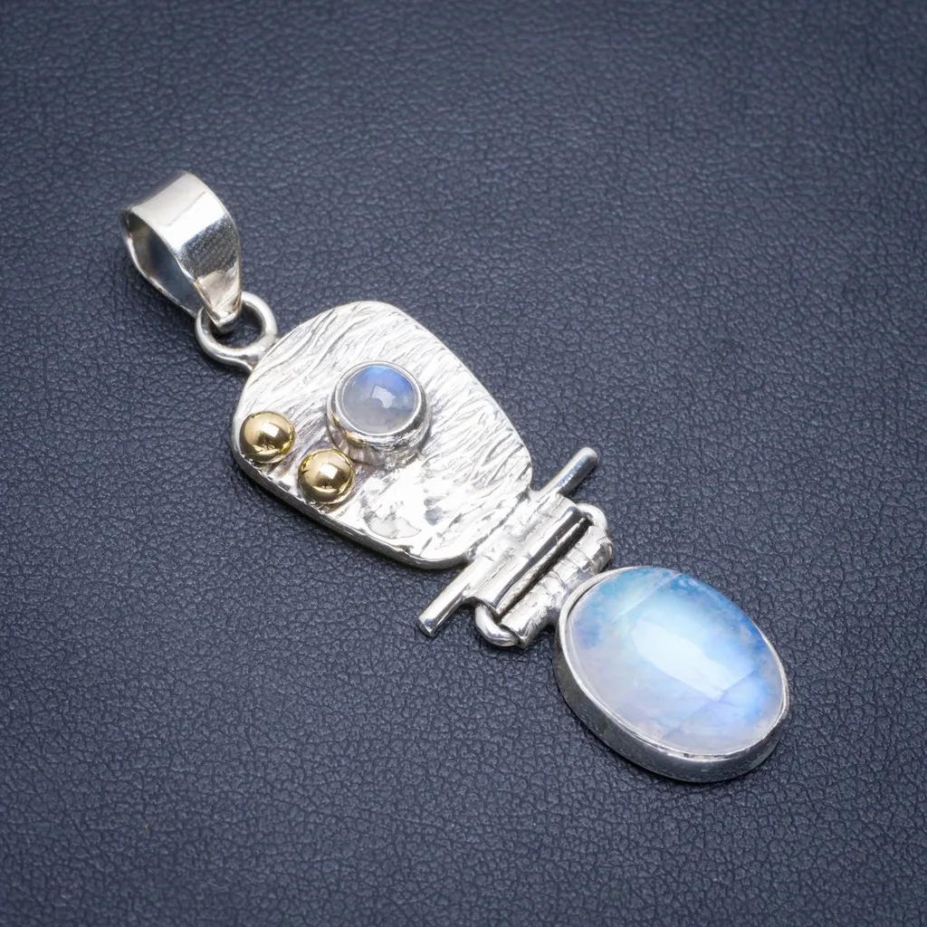 

Natural Two Tones Rainbow Moonstone Handmade Unique 925 Sterling Silver Pendant 2" A1808