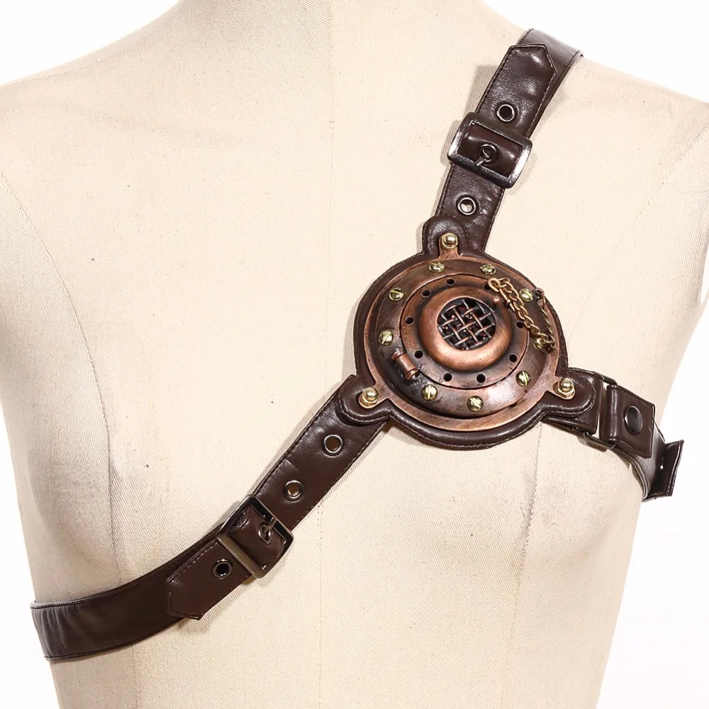 

GearDuke Gothic Vintage Brown Sexy PU Leather Chest Harness Straps Belt Accessory with LED Light Steampunk Victorian Chest Strap