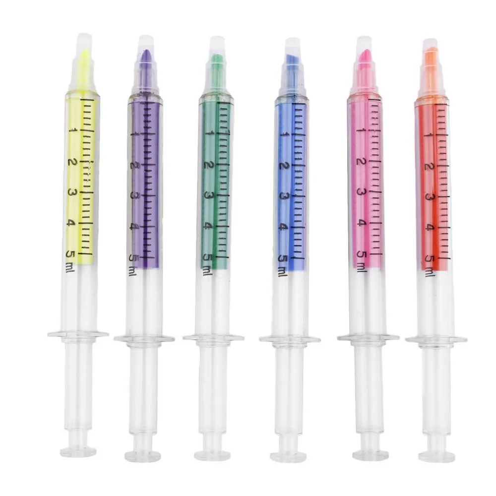 

6pcs/set Cute Stationery Needle Tube Syringe Highlighter pens Marker Nite Writer Pen Fashionable School Office Supplies 6 colors