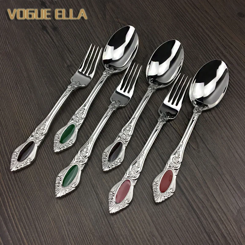 

Food Stainless Steel Spoon Fork Dinner Soup Spoon Retro Western Style Cutlery Set Red Green Brown Silvery Ecofriendly Tableware